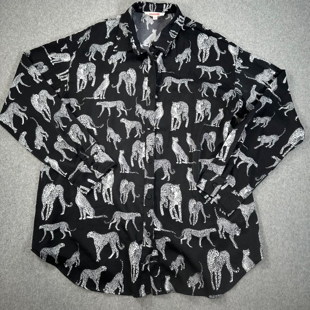 Mazik Cheetah Button Down Blouse Women's Large Black White Long Sleeve Safari